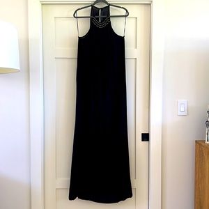 Zara maxi black dress with neck beading and fringe